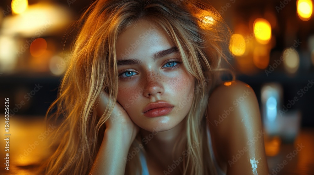 Capturing a moment with a young woman in a softly lit setting, showcasing her natural beauty and expressive features during an evening gathering Capturing a moment with a young woman in a softly lit setting, showcasing her natural beauty and expressive features during an evening gathering