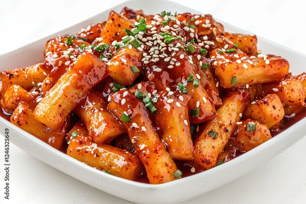 Delicious and Spicy Tteokbokki Korean Rice Cakes with Sesame Seeds and Green Onion Garnish Delicious and Spicy Tteokbokki Korean Rice Cakes with Sesame Seeds and Green Onion Garnish
