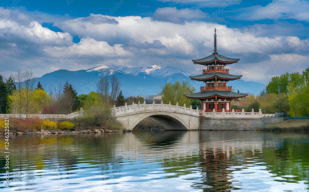 A serene landscape featuring a Japanese pagoda nestled by a lake with a stone bridge. Reflections on the water mirror the pagoda, mountains, and sky. A serene landscape featuring a Japanese pagoda nestled by a lake with a stone bridge. Reflections on the water mirror the pagoda, mountains, and sky.