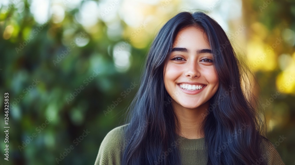 Smiling young woman stands outdoors with blurred greenery in the background on a sunny day, radiating joy and positivity Smiling young woman stands outdoors with blurred greenery in the background on a sunny day, radiating joy and positivity