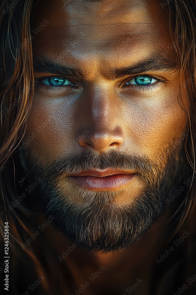 Obraz premium Stunning portrait of a man with long hair and piercing blue eyes set against a dark background, capturing intense emotion and depth in his gaze