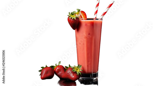 Fresh strawberry smoothie in glass with red fruit, healthy drink, refreshing beverage, summer shake, pink milkshake, fruity juice, sweet dessert photo