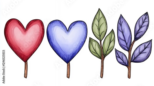 Watercolor Hearts and Leaves on White Background