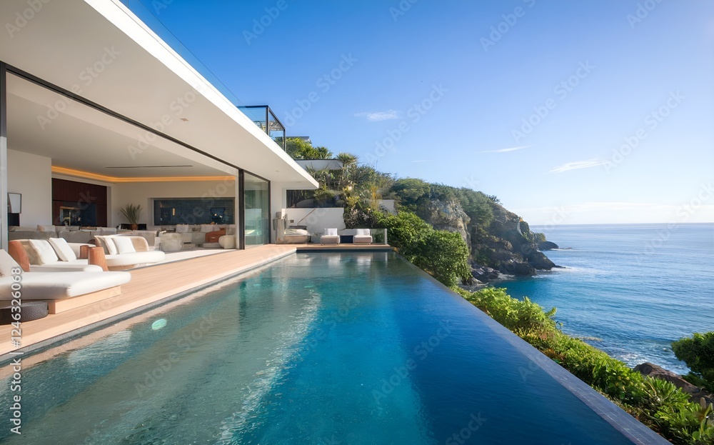 A luxurious villa with an infinity pool overlooks the ocean. The modern architecture is an impressive design, emphasizing luxury and relaxation A luxurious villa with an infinity pool overlooks the ocean. The modern architecture is an impressive design, emphasizing luxury and relaxation