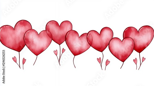Watercolor Red Heart Balloons on White Background