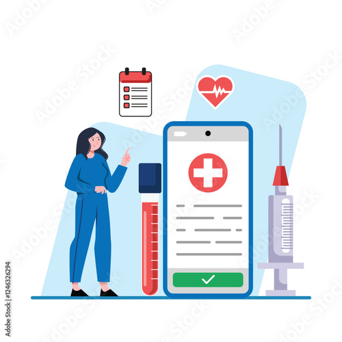Woman using a health app to schedule a blood test appointment Perfect for medical and healthcare websites