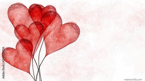 Watercolor Red Heart Balloons on White Textured Background