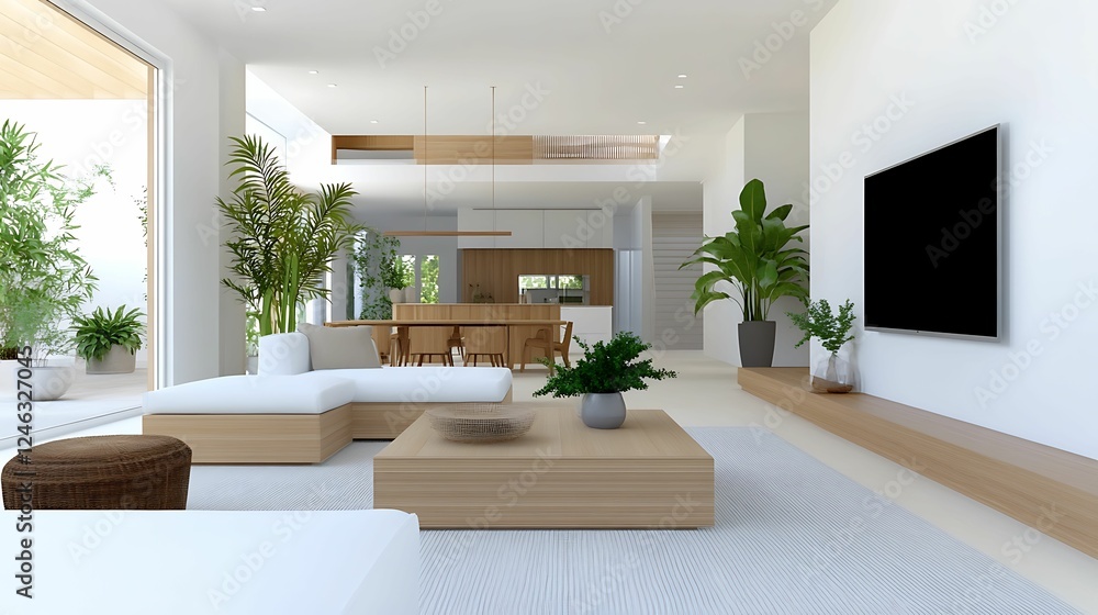 Fototapeta premium minimalist, living room, interior, design. A bright, modern living room featuring minimalist furniture, greenery, a large TV, and an open layout that promotes relaxation and comfort.