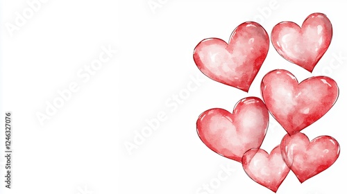 Watercolor Red Hearts on White Background Romantic Illustration