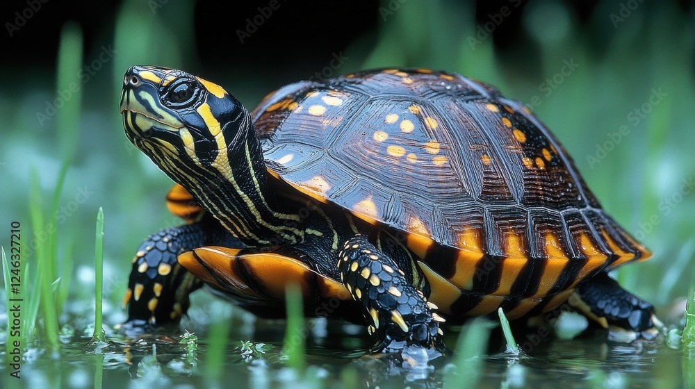 Colorful turtle resting on grass near a water source in a lush garden during daylight Colorful turtle resting on grass near a water source in a lush garden during daylight