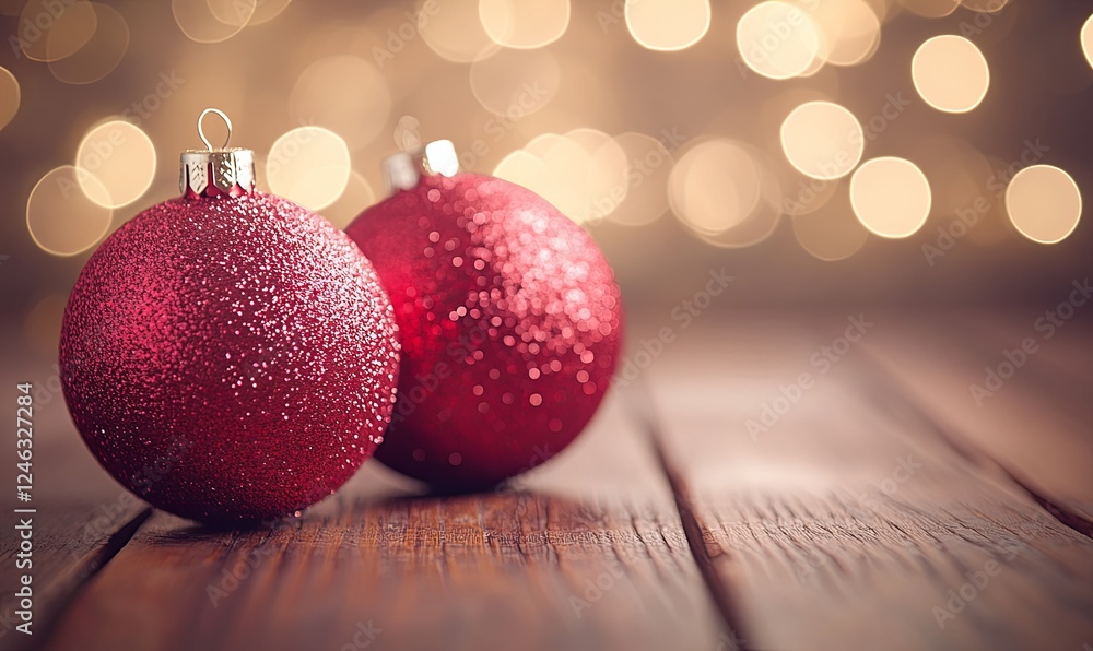 Red Christmas ornaments on rustic wood table with bokeh lights background for holiday greeting cards Red Christmas ornaments on rustic wood table with bokeh lights background for holiday greeting cards