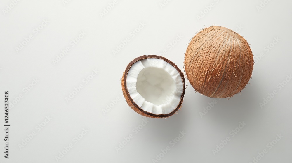 Fototapeta premium Whole and halved coconut on plain white surface