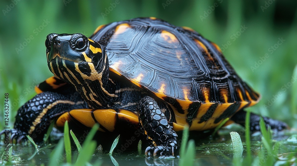 Colorful turtle basking in lush green grass on a sunny day in a serene environment Colorful turtle basking in lush green grass on a sunny day in a serene environment
