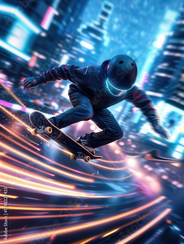 Futuristic skater with neon helmet in a cyberpunk cityscape