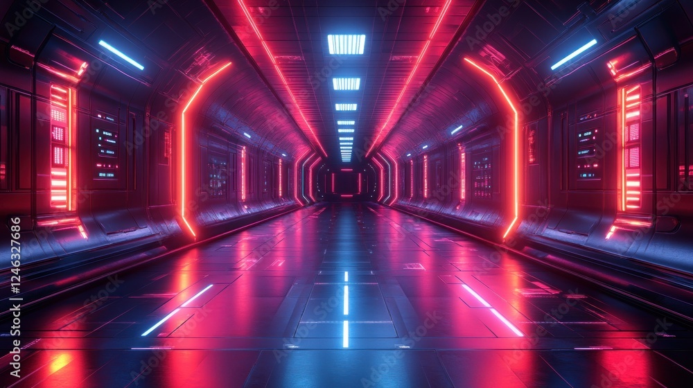 Futuristic red and blue neon lit corridor. Futuristic red and blue neon lit corridor.