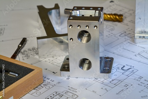 detailed photo of a workbench with technical drawings and tools. taps, drill, metal parts, blocks with drilled holes