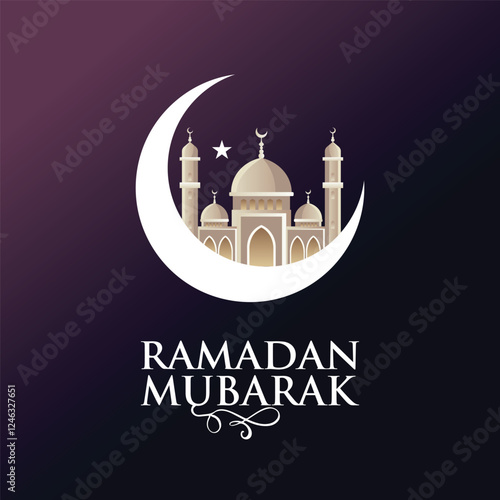 Happy Ramadan Mubarak Typography and background with islamic Mosque, moon, stars, mosque shapes for ramadan kareem, eid, milad un nabi, isra miraj muslim, banner, card design.