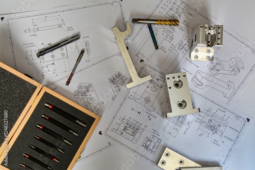 detailed photo of a workbench with technical drawings and tools. taps, drill, metal parts, blocks with drilled holes