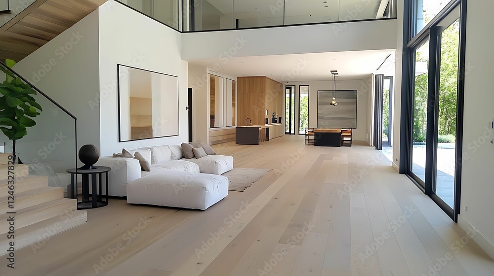 Fototapeta premium minimalist, living room, interior, design. A spacious, modern living room with minimalist decor, large windows, and natural light highlighting the wooden flooring and stylish furnishings.