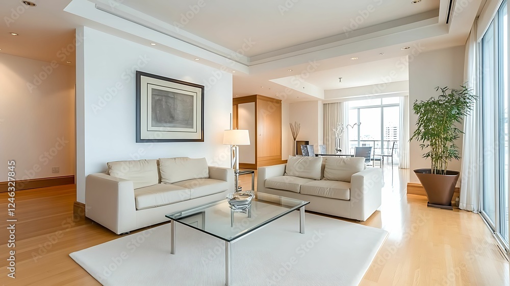 Fototapeta premium minimalist, living room, interior, design. A modern, spacious living room featuring light-colored furniture, a glass coffee table, and large windows that invite natural light.