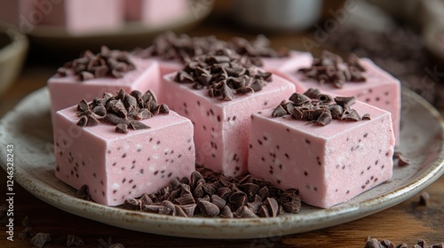 Pink dessert squares, chocolate, kitchen photo