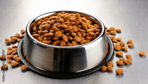 dry dog or cat food in a stainless food bowl