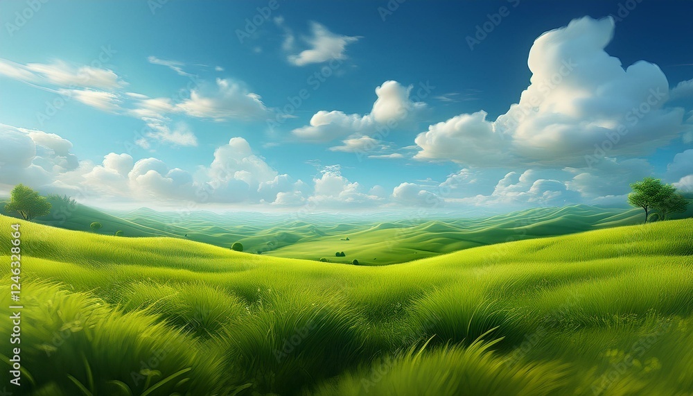 Obraz premium 3d illustration of a green grass meadow landscape background with a sky and clouds