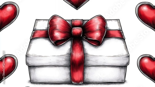 White Gift Box with Red Bow and Hearts Illustration