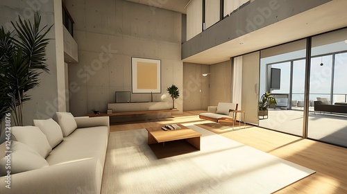 minimalist, living room, interior, design. A modern, minimalistic living room featuring a large window, light-colored furniture, and a wooden coffee table, creating a bright and inviting atmosphere.
