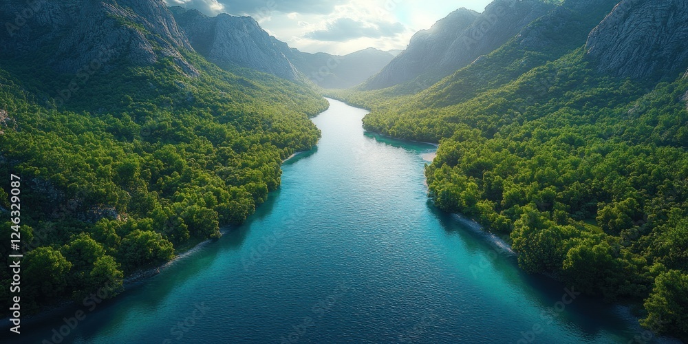 Fototapeta premium Serene River Valley: A Breathtaking Aerial View of Lush Green Mountains and Turquoise Waters