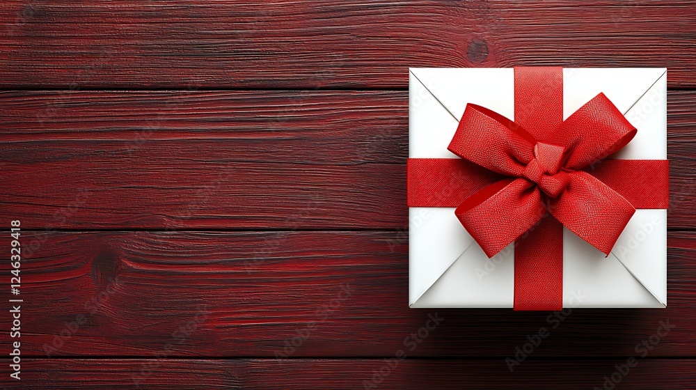 White Gift Box with Red Ribbon Bow on Dark Wood White Gift Box with Red Ribbon Bow on Dark Wood