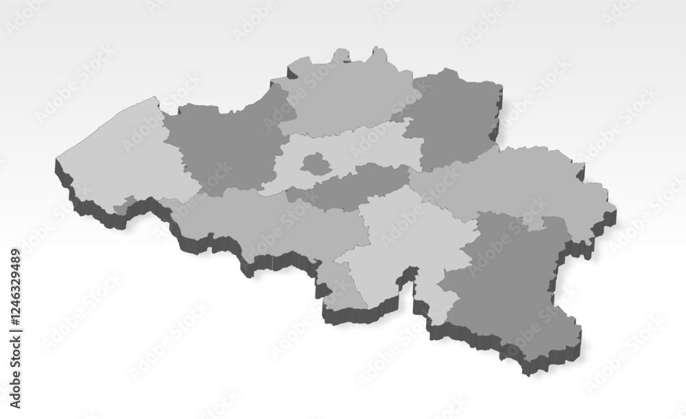 3D Belgium map with all states in gray. Three dimensional map of Belgium with shadow on white background for your design, app, UI. Provinces of Belgium. EPS10. 3D Belgium map with all states in gray. Three dimensional map of Belgium with shadow on white background for your design, app, UI. Provinces of Belgium. EPS10.