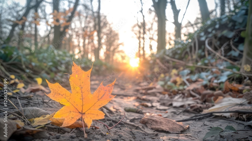 Autumn scene with a vibrant yellow leaf on a forest path during sunset, surrounded by trees Autumn scene with a vibrant yellow leaf on a forest path during sunset, surrounded by trees
