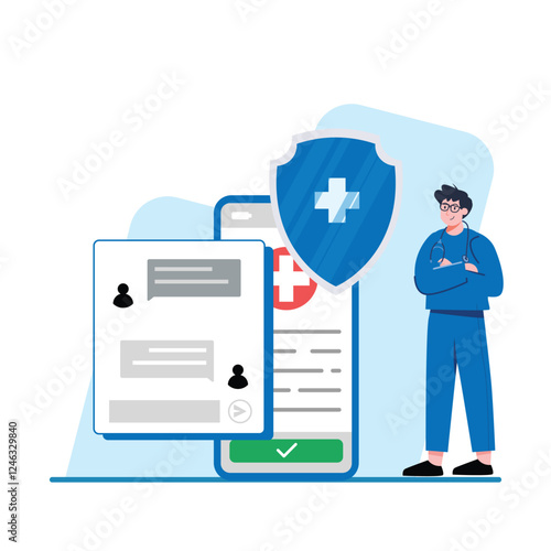 Woman uses a secure mobile app for healthcare messaging and protection Ideal for telehealth and medical technology marketing