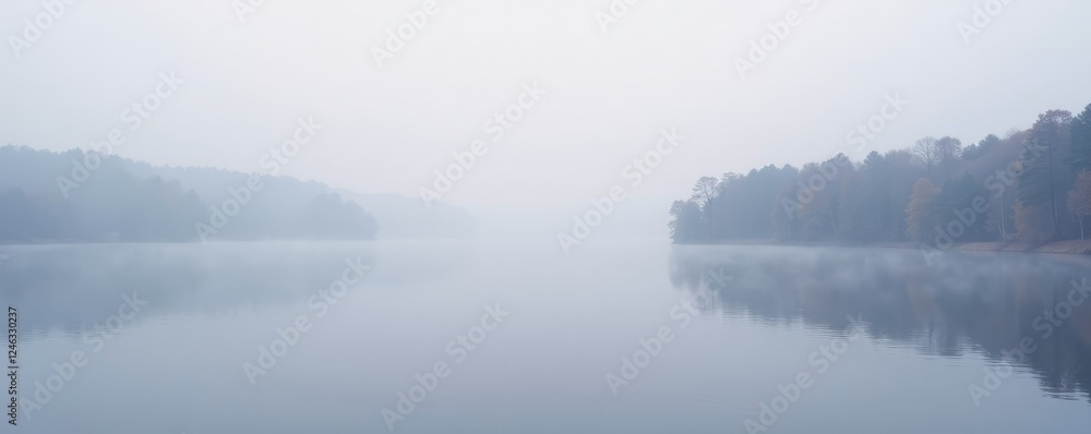 Fototapeta premium Morning foggy lake with a light gray sky and a violet wave in the distance, fog, landscape