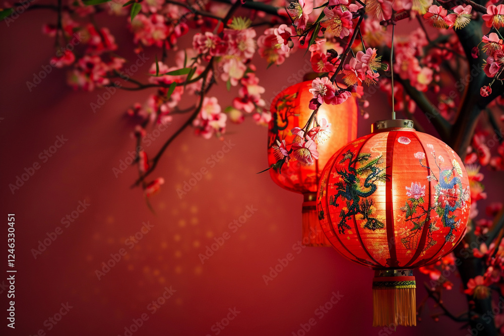 Obraz premium Beautiful holiday composition for happy celebrate chinese festival of lanterns, abstract vivid composition consists of fictional unreal fantastic vision on background