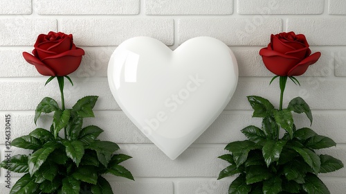 White Heart with Red Roses on White Brick Wall