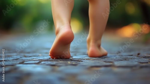 Wallpaper Mural Child walks barefoot on cobblestone path in a garden during sunny afternoon Torontodigital.ca