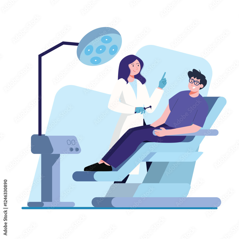A dentist explains a procedure to a patient sitting comfortably in a modern dental chair. Perfect for dental practice websites and brochures.