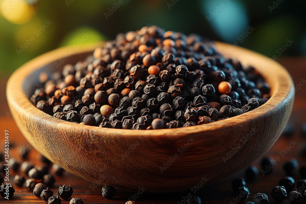 Freshly harvested black peppercorns in a wooden bowl ready for culinary use in a rustic kitchen setting Freshly harvested black peppercorns in a wooden bowl ready for culinary use in a rustic kitchen setting