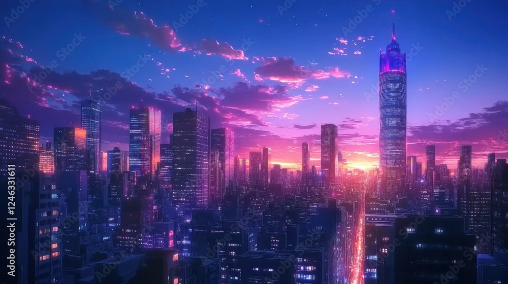 Obraz premium cityscape at twilight with glowing lights, skyscrapers piercing the sky, serene yet bustling, city coming to life as sun sets