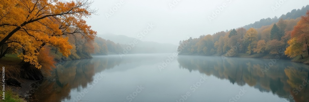 Misty lake in autumn with yellowing leaves and grey sky, water, nature Misty lake in autumn with yellowing leaves and grey sky, water, nature