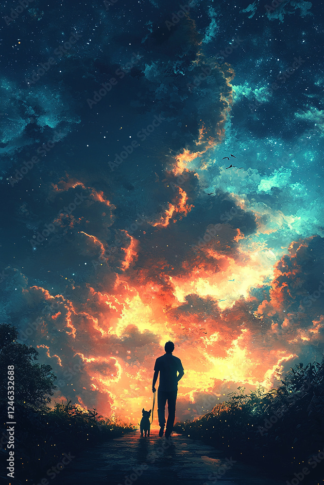 Man walking dog under beautiful sunset sky with stars Man walking dog under beautiful sunset sky with stars