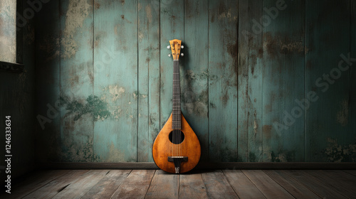 Russian balalaika in a rustic wooden room photo