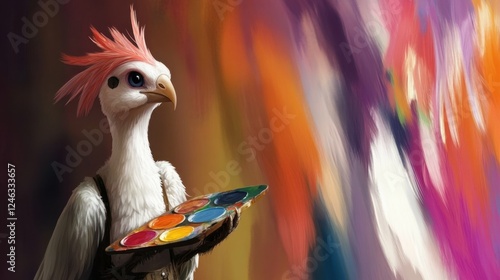 Creative bird artist holding a palette of vibrant colors against a colorful abstract background in a lively art studio