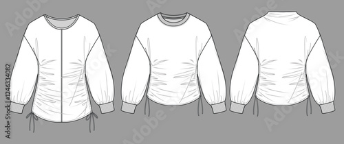 Vector long sleeved blouse fashion CAD, woman jersey top with dropped shoulders technical drawing, round neck t-shirt sketch, template. Jersey or woven fabric sweatshirt, front view, white color