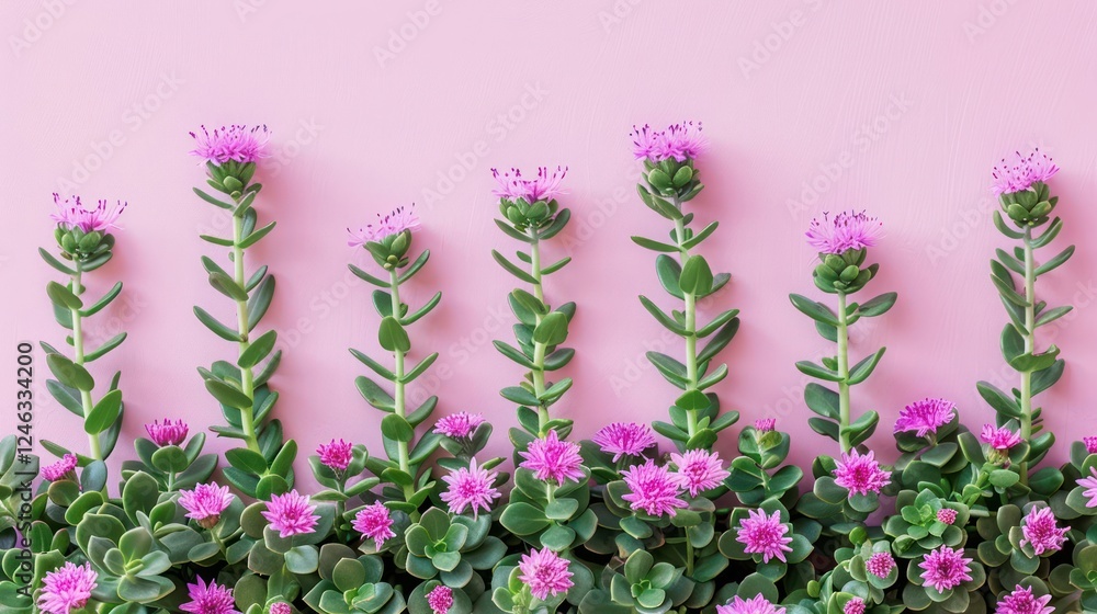 Naklejka premium Colorful arrangement of succulent plants with pink flowers against a pastel pink background