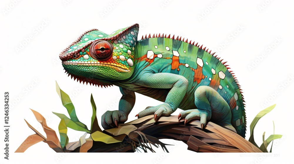 Fototapeta premium Colorful Chameleon Isolated on White Background for Wildlife Concepts