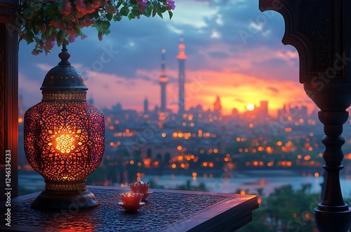 Glowing Lantern at Sunset Over City Skyline

 photo