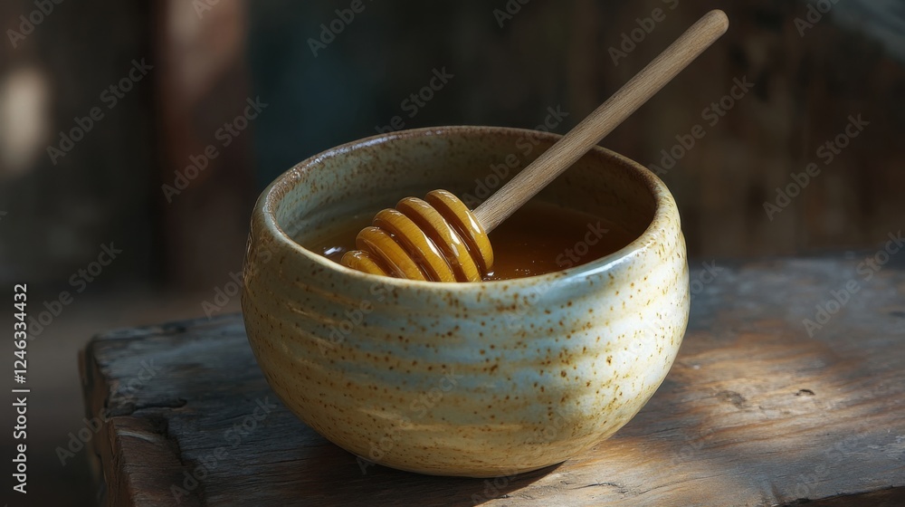 Natural honey jar with wooden dipper rustic kitchen food photography warm atmosphere close-up shot Natural honey jar with wooden dipper rustic kitchen food photography warm atmosphere close-up shot